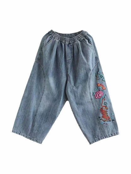 Pantalon sarouel en denim avec broderie florale artistique pour femme AS1006