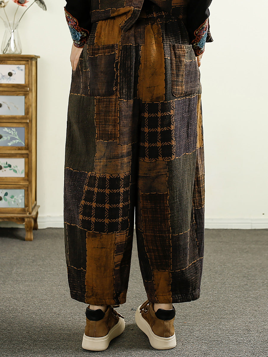 Women Autumn Plaid Spliced Cotton Harem Pants AI1051