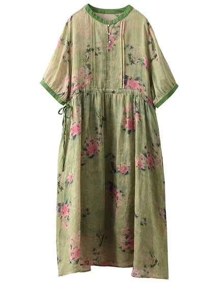 Robe d'été vintage à bretelles florales en ramie pour femmes CX008