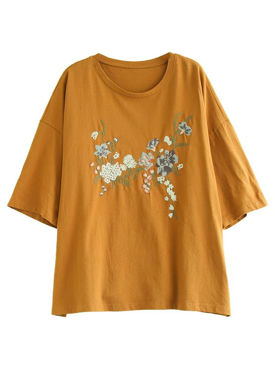 Women Summer Flower Embroidery Cotton O-Neck Shirt AS1007