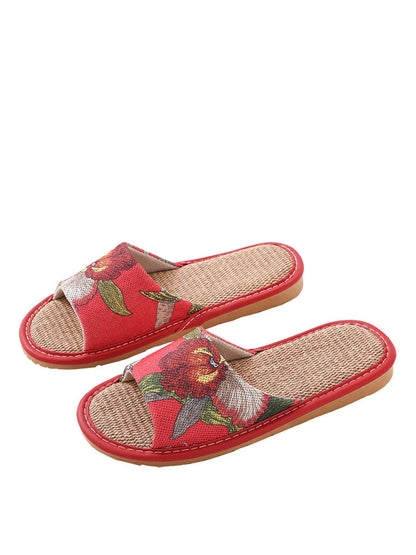 Chaussons plats d'intérieur à imprimé floral en lin pour couple d'été CC008