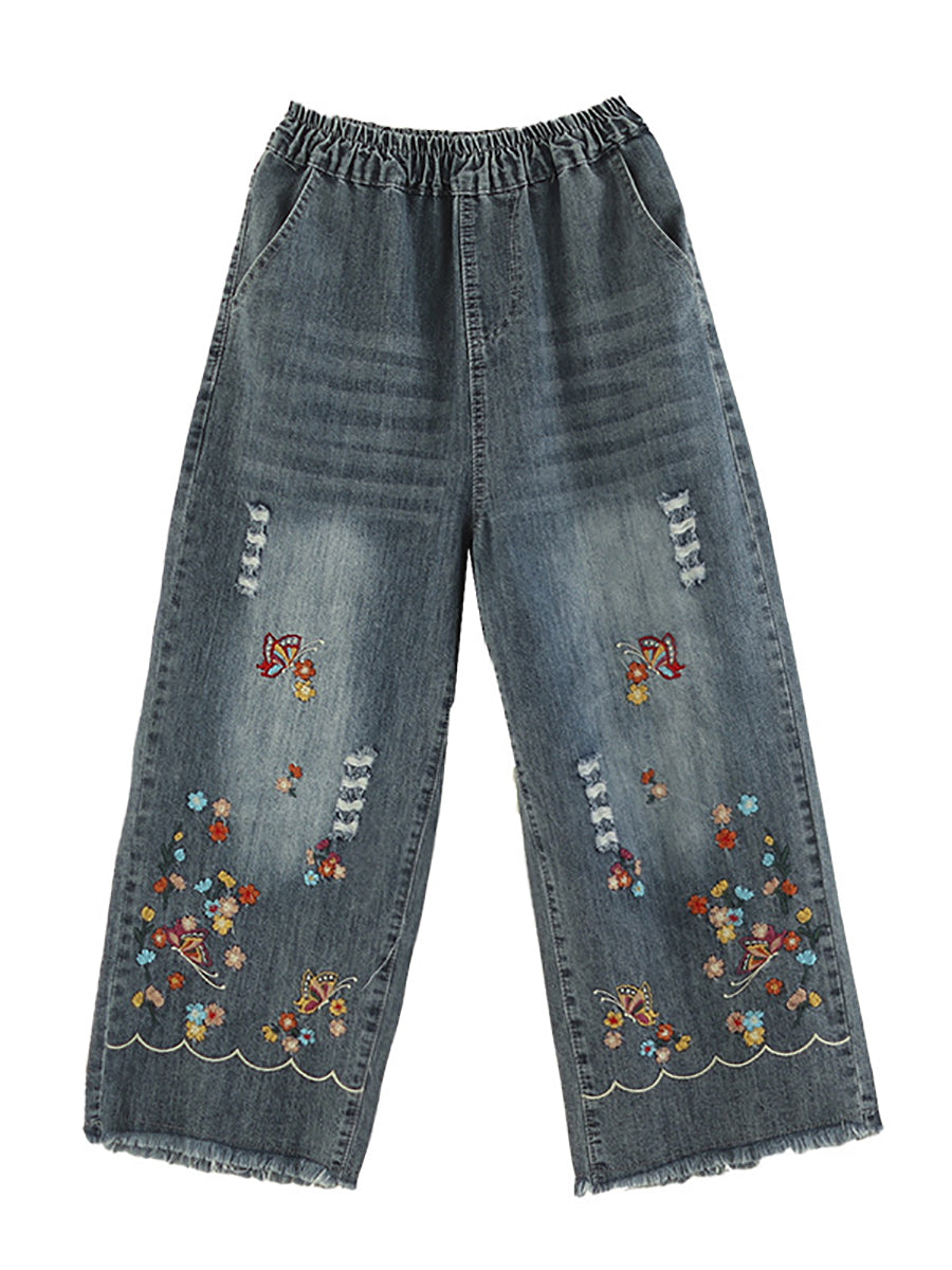 Frauen Sommer Retro Stickerei Ausgefranste Gerade Denim Hosen AS1042