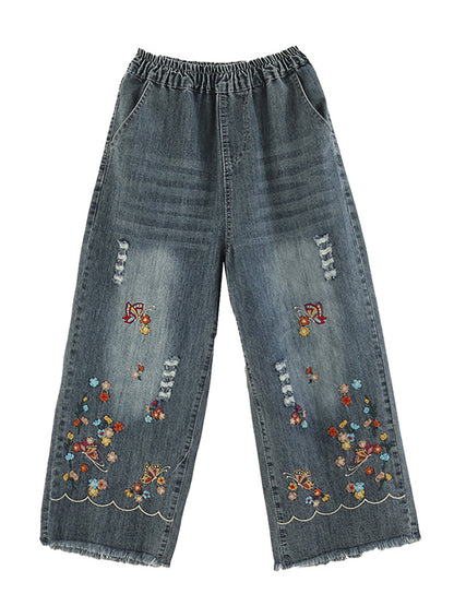 Pantalon droit en denim effiloché avec broderie rétro pour femme AS1042