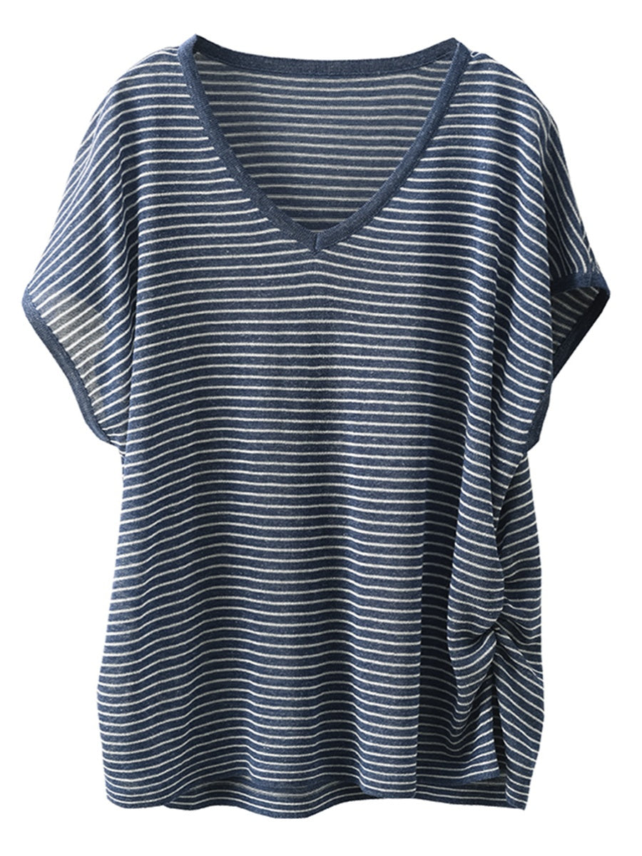 Women Summer Casual Stripe V-Neck Shirt AA1013