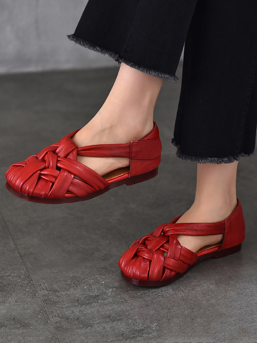 Chaussures plates d'été en cuir véritable tissé pour femmes