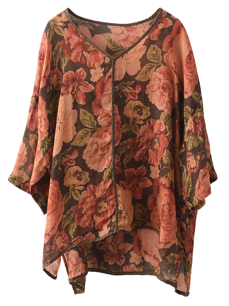 Women Vintage Floral V-Neck Linen Summer Shirt XX1014