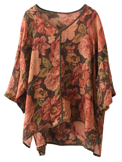 Chemise d'été en lin à col en V et motif floral vintage pour femme XX1014