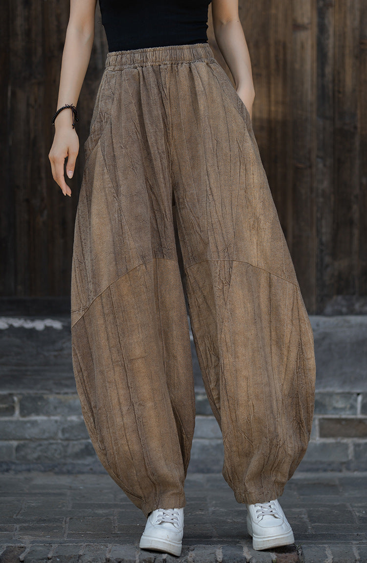 Women Vintage Autumn Solid Loose Ramie Bloomers AK1050