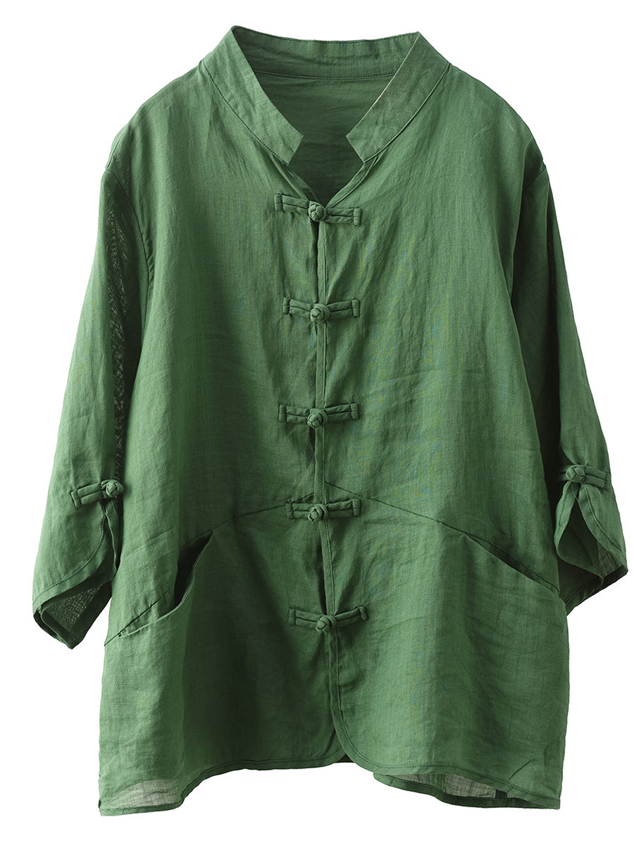 Women Summer Ethnic Solid Button-up Ramie Shirt QW1046