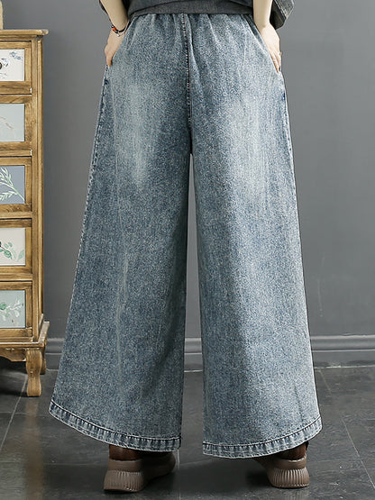 Pantalon large en denim brodé vintage pour femme AA1039