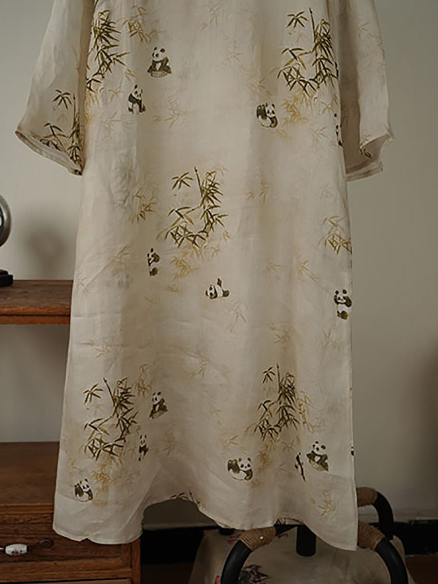 Women Ethnic Summer Bamboo Panda Print Linen Dress XX1055