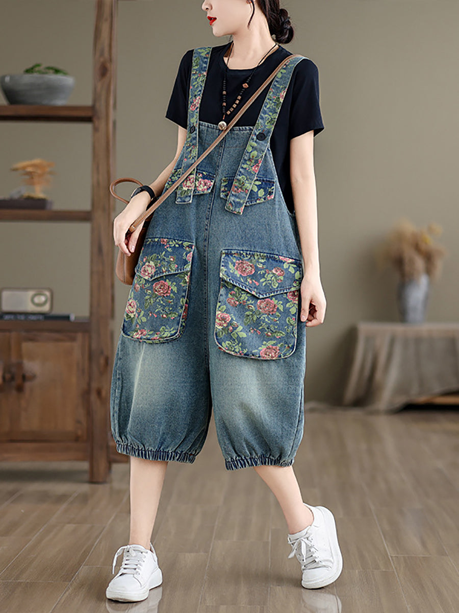 Damen Sommer Retro Blumen Gespleißt Denim Overalls ZZ1021