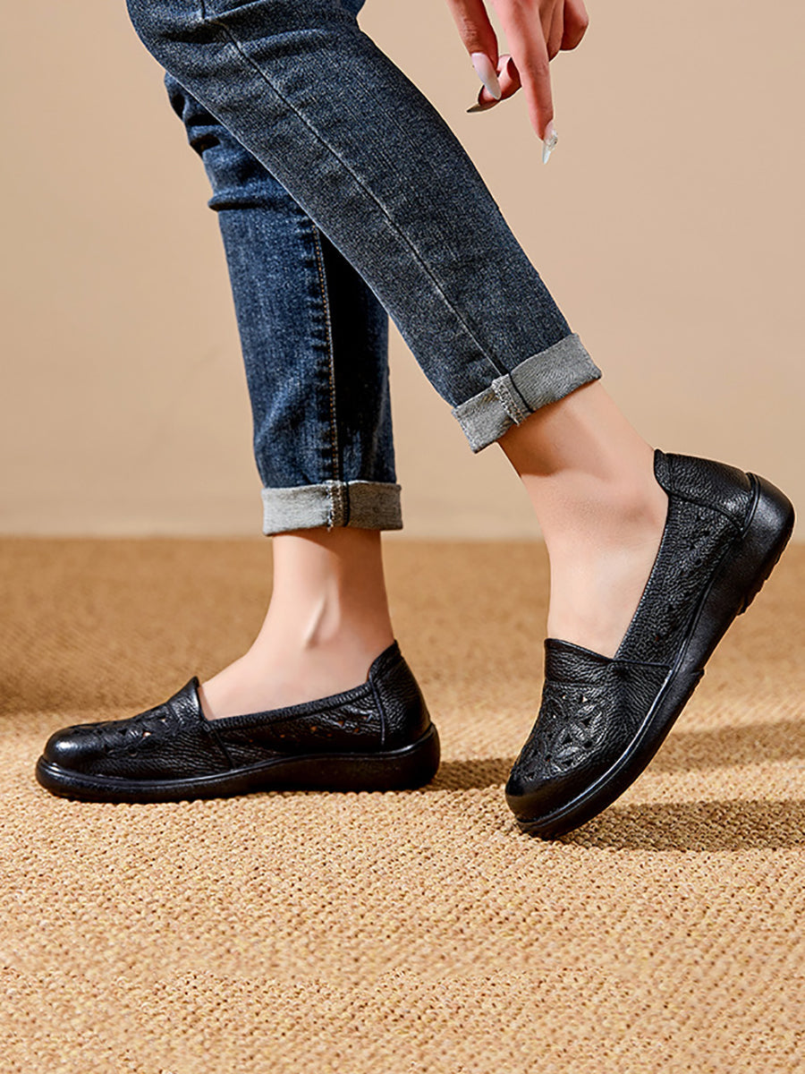 Chaussures mi-hautes en cuir à fleurs pour femmes, talon souple, été