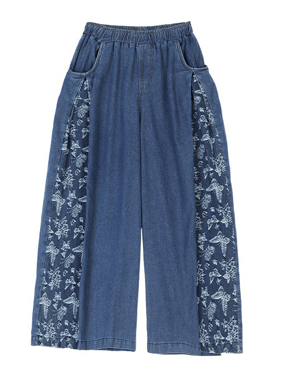 Women Vintage Summer Butterfly Spliced Wide-leg Denim Pants KL1037