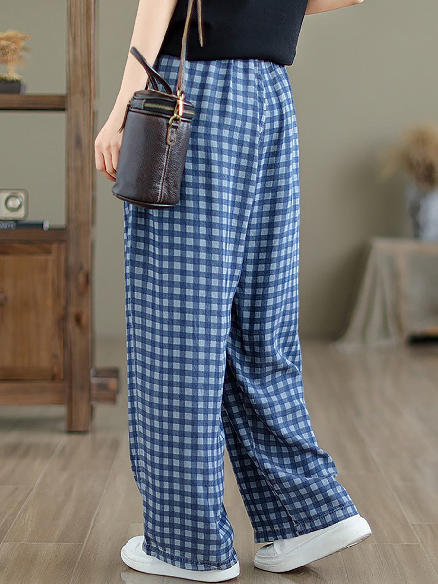 Women Summer Casual Plaid Wide-leg Cotton Pants OP1028