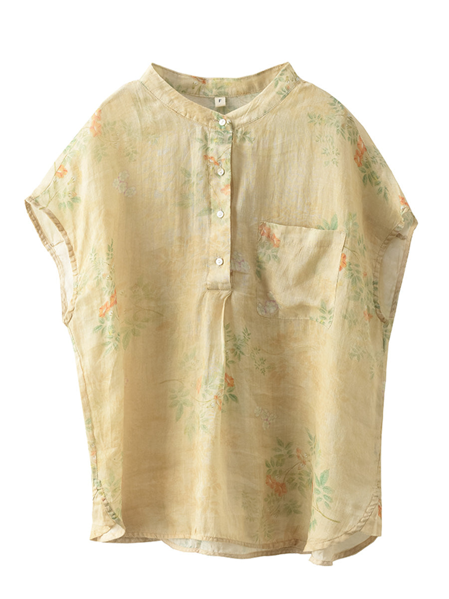 Women Summer Vintage Ramie Print Button-up Ramie Shirt OP1041