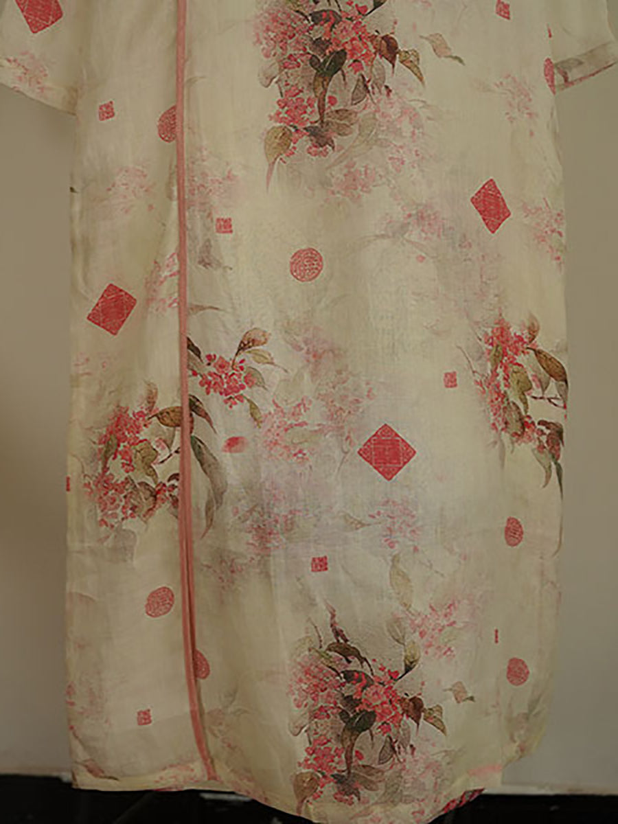 Women Artsy Floral Vintage Ramie Robe Dress XX1025