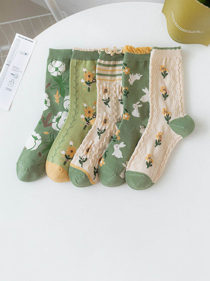 Lot de 5 paires de chaussettes mi-mollet vertes à motif floral artistique pour femmes IO1011