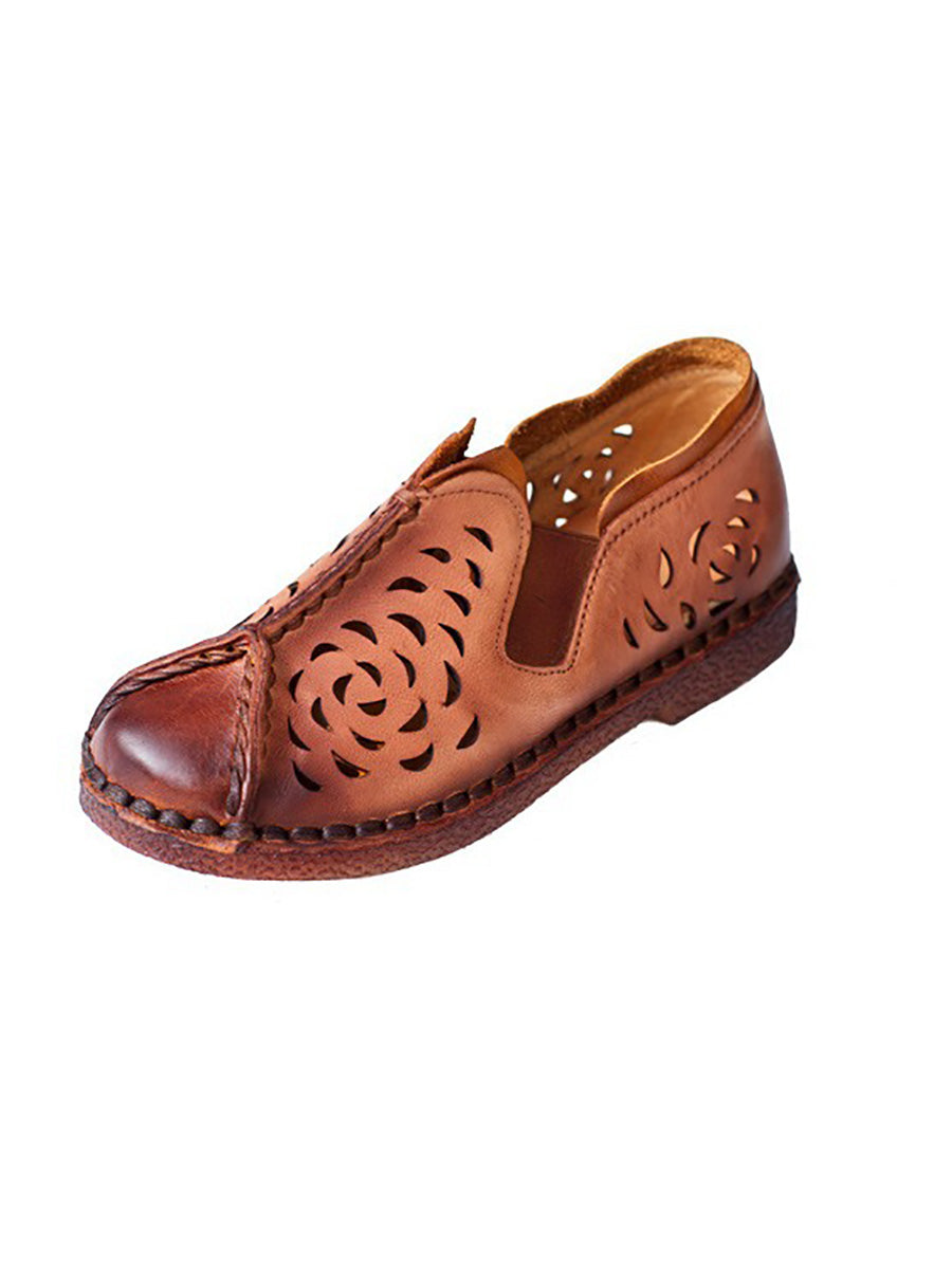 Women Summer Genuine Leather Cutout Spliced Falt Shoes AH435