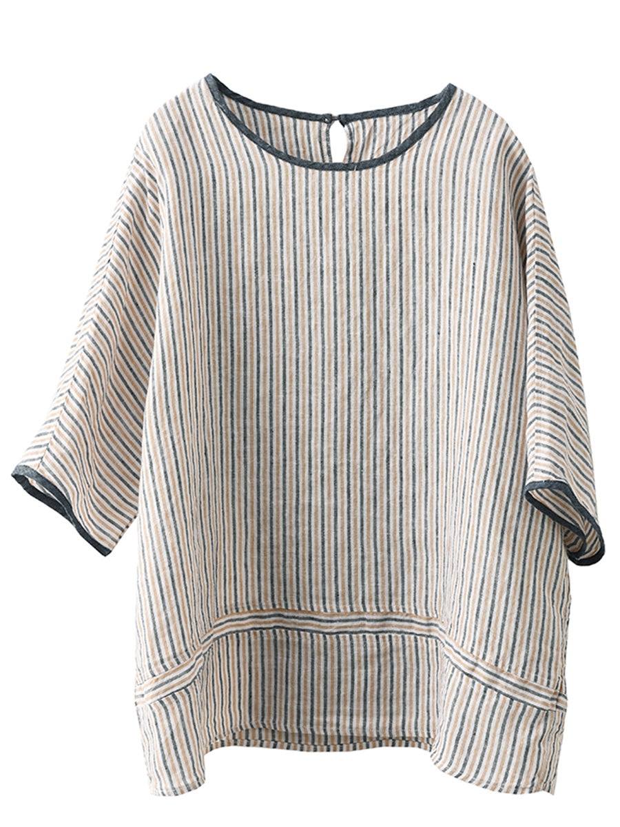 Women Summer Vintage Stripe Spliced Linen Shirt CV1052