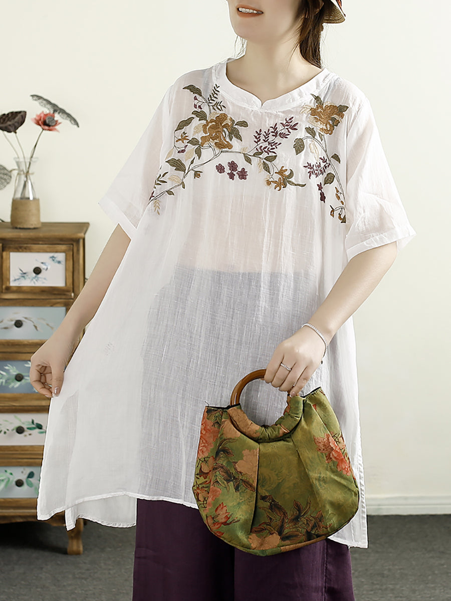 Women Summer Artsy Flower Embroidery Ramie Shirt TY1026