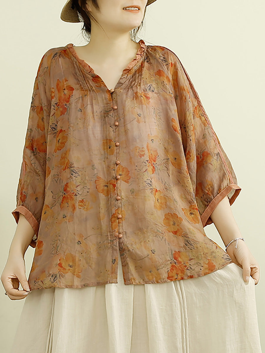 Women Summer Vintage Floral Button-up Ramie Shirt PP1012