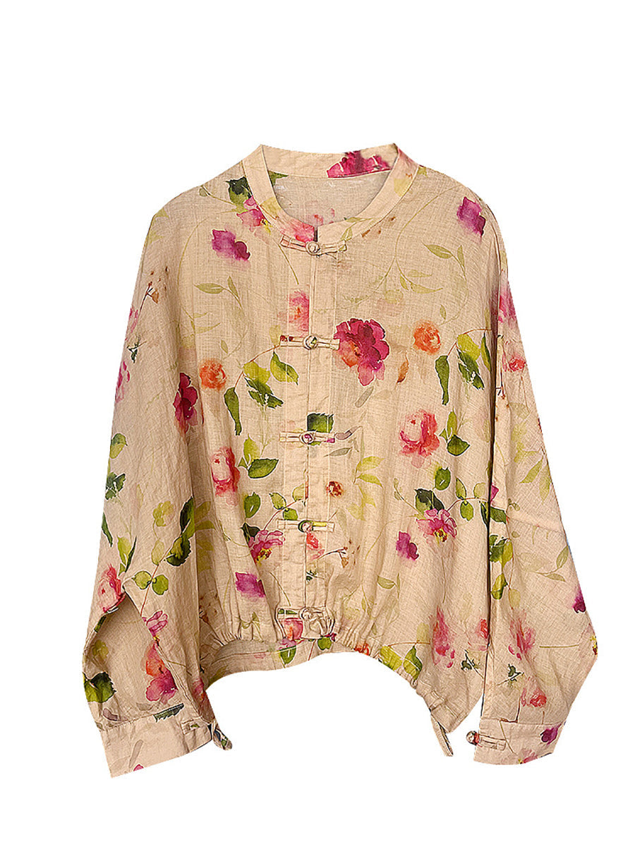 Women Vintage Flower Button-up Ramie Loose Shirt ZZ1035