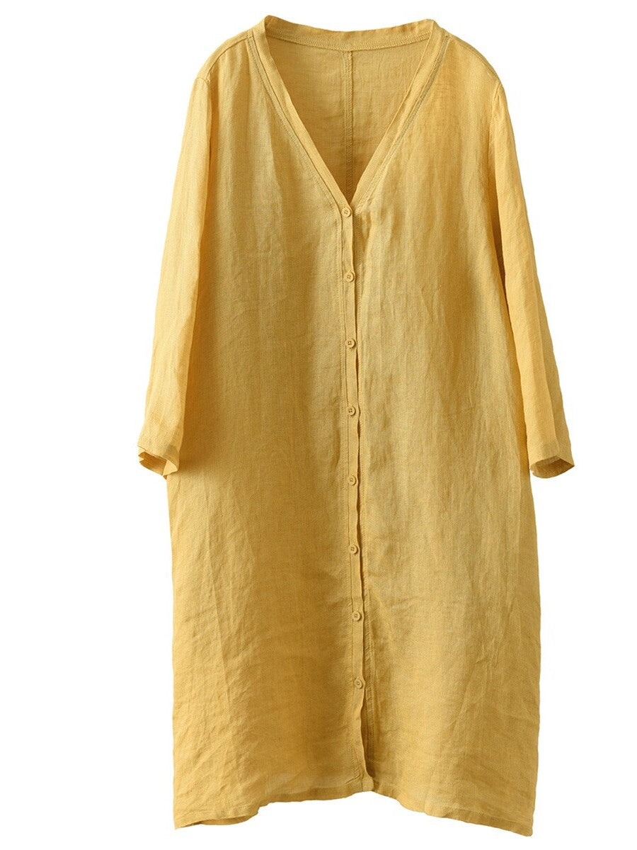 Women Summer Casual Solid Linen Button-up Long Shirt SC1033