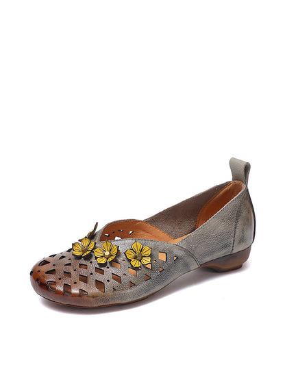 Chaussures basses creuses à talons fleuris en cuir pour femmes, style ethnique