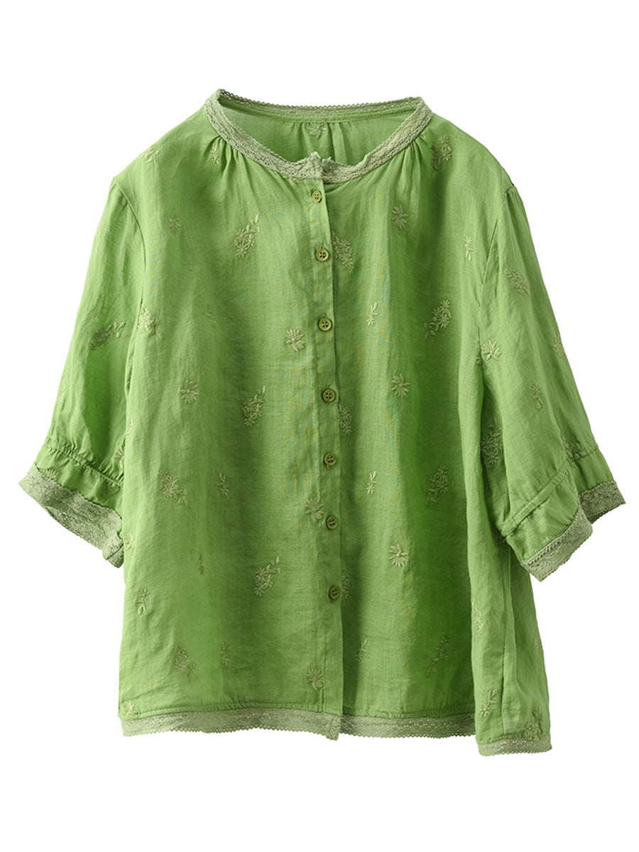 Damen Sommer Vintage Stickerei Button-up Ramie Shirt CX007