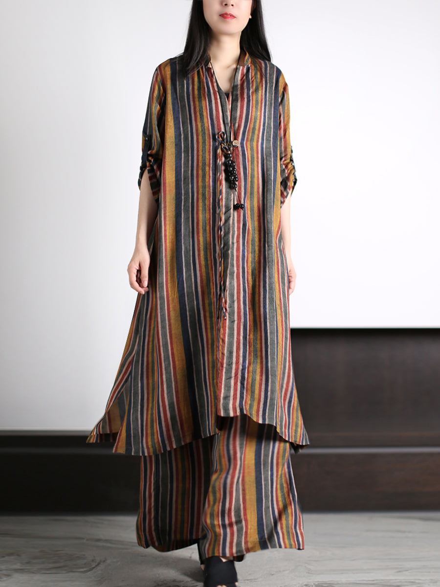 Plus Size Women Vintage Stripe Loose Long Shirt+Pants XX1029