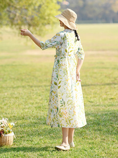 Robe d'été en ramie à bretelles et imprimé végétal artistique pour femmes CC032