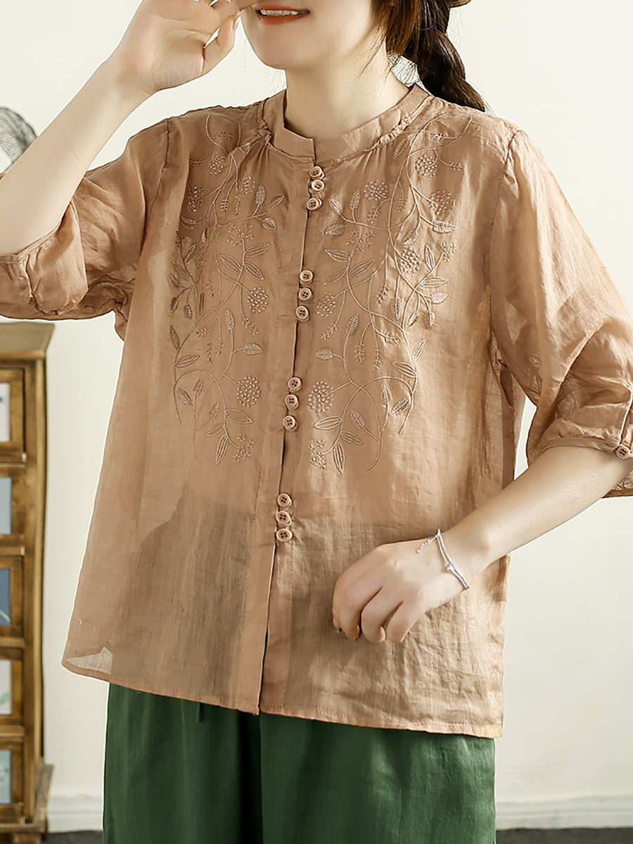 Women Summer Artsy Embroidery Button Ramie Shirt II1043