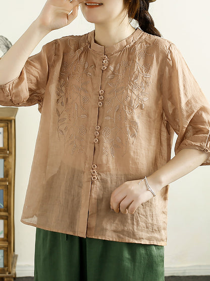 Chemise d'été en ramie avec broderie artistique et boutons pour femmes II1043