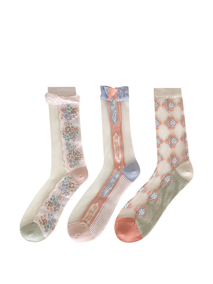 Lot de 3 paires de chaussettes longues en jacquard à fleurs artistiques pour femmes FD029