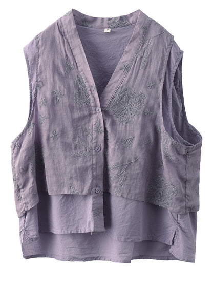 Gilet d'été en ramie avec broderie ethnique et boutons pour femmes FD001