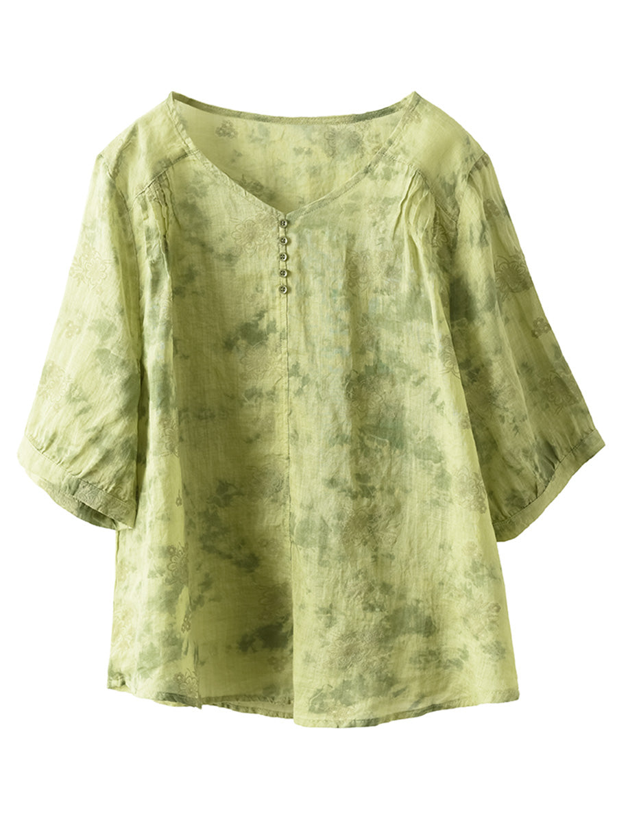 Women Summer Artsy Flower V-Neck Thin Ramie Shirt FD004