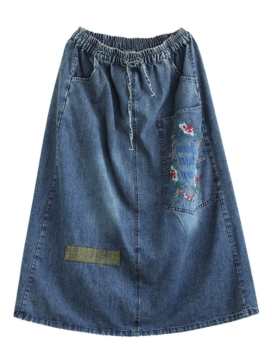 Women Artsy Flower Embroidery Denim Skirt CO1053