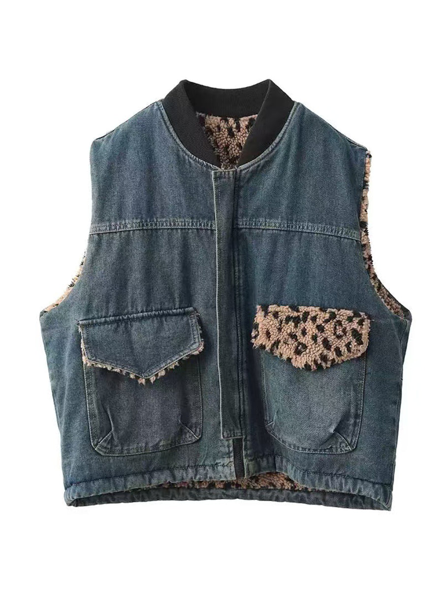 Women Autumn Retro Leopard O-Neck Dual-side Wearing Vest QN008