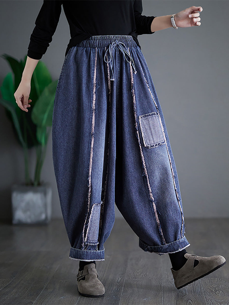 Damen Sommer Vintage Denim Patch Gespleißte Haremshose FD031