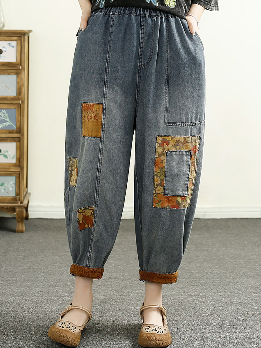 Damen Sommer Vintage Patch Gespleißt Denim Haremshose HH040