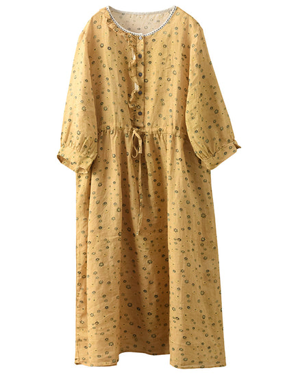 Robe d'été à bretelles et col rond pour femme en ramie à imprimé floral FD010