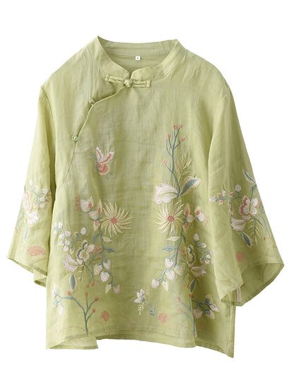 Chemise à col montant en ramie avec broderie florale vintage pour femme WE1038