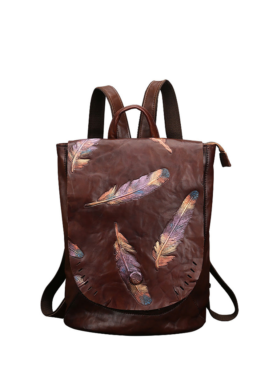 Women Vintage Leather Feather Embossing Backpack AH1089