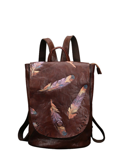 Sac à dos vintage en cuir avec motif de plumes pour femme AH1089