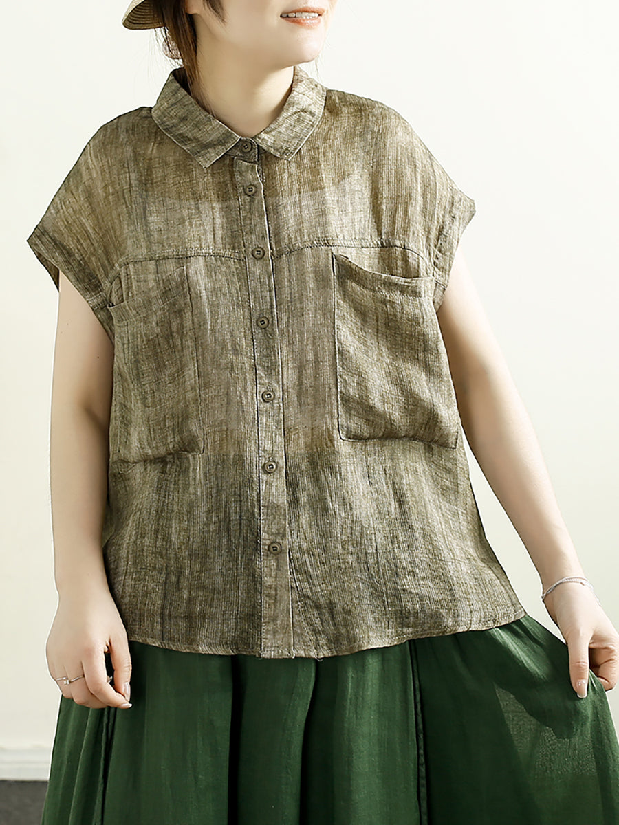 Women Summer Vintage Solid Button-up 100%Ramie Shirt CV1010