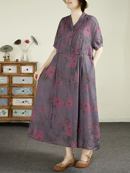 Robe ample à col en V froncé vintage d'été pour femmes LL037