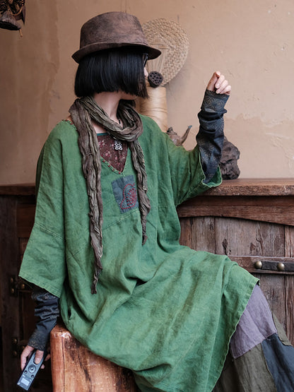 Women Retro Summer Spliced Linen V-Neck Dress AA1033