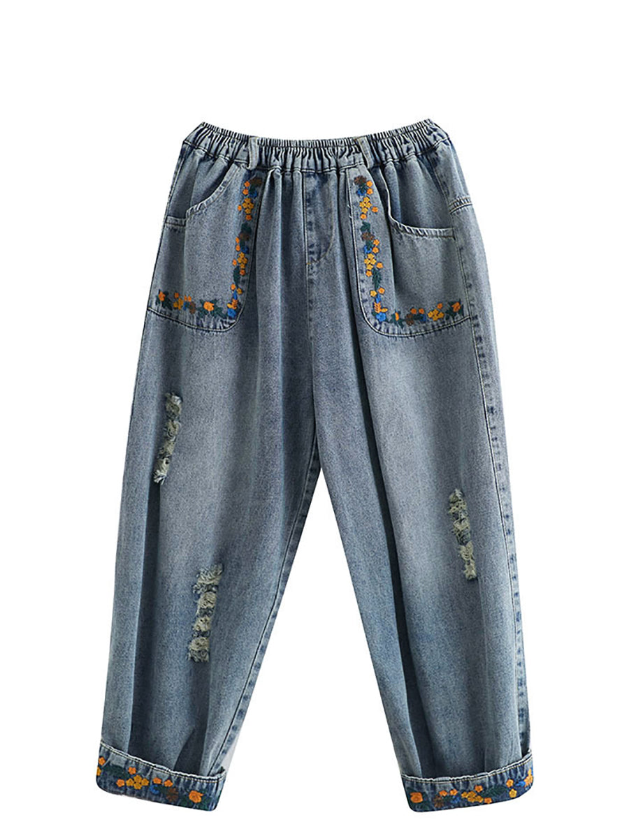 Damen Haremshose aus Denim mit ausgefranster Stickerei FD006