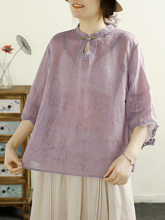 Women Summer Ethnic Floral Embroidery Thin Ramie Shirt HH041